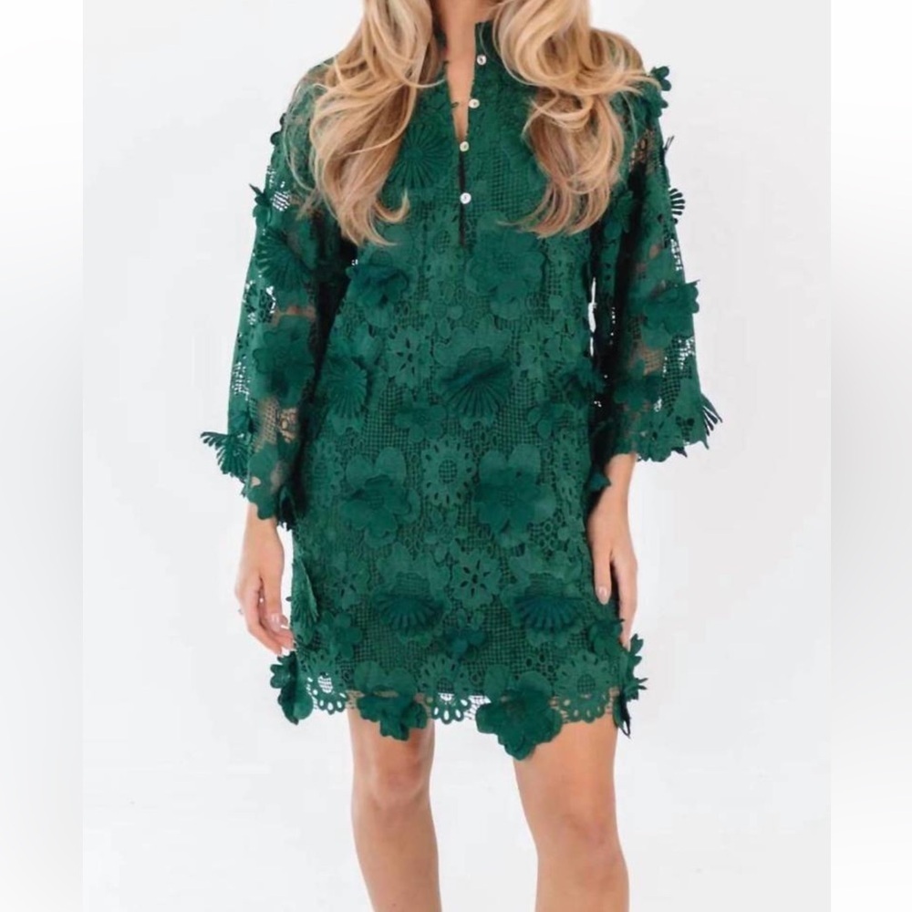 J.Marie Seraphina 3D Floral Green Lace Applique Button Down Midi Dress XS D8
